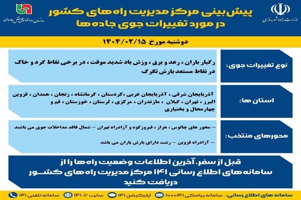 اطلاع نگاشت| پیش‌بینی تغییرات جوی در جاده‌های کشور در روز
دوشنبه ۱۵ اردیبهشت‌ماه ۱۴۰۴