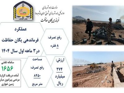 اطلاع نگاشت|عملکرد فرماندهی یگان حفاظت اداره کل راه و
شهرسازی شرق استان سمنان (شاهرود)در ۳ماهه اول سال ۱۴۰۴