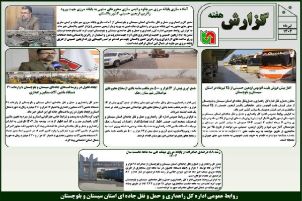 ببینید | بولتن هفتگی اداره کل راهداری و حمل و نقل جاده ای
سیستان و بلوچستان هفته سوم تیر ماه ۱۴۰۴