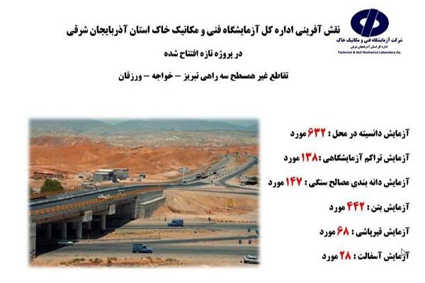 اطلاع نگاشت| نقش آفرینی آزمایشگاه فنی و مکانیک خاک استان
آذربایجان شرقی در ارتقاء کیفیت پروژه تقاطع غیر همسطح سه راهی تبریز-
خواجه- ورزقان