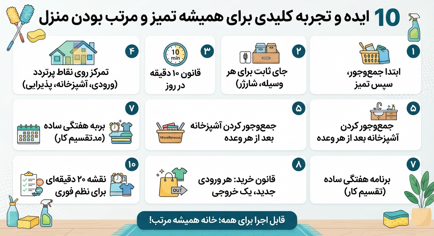 ۱۰ ایده و تجربه برای همیشه تمیز و مرتب بودن منزل شما