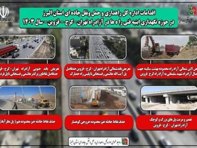 اطلاع نگاشت|اقدامات اداره کل راهداری استان البرز در حوزه
نگهداری ابنیه فنی راه ها در آزادراه تهران -کرج قزوین در سال
۱۴۰۳