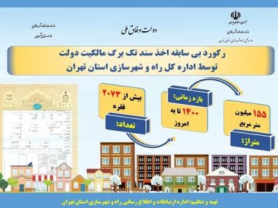 اطلاع نگاشت| رکورد بی سابقه اخذ سند تک برگ مالکیت دولت توسط
اداره کل راه و شهرسازی استان تهران