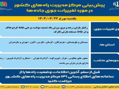 اطلاع نگاشت| پیش‌بینی تغییرات جوی در جاده‌های کشور در روز
یکشنبه ۲۲ تیرماه ۱۴۰۴