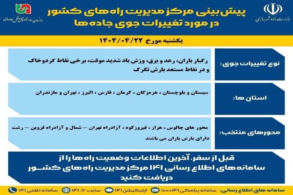 اطلاع نگاشت| پیش‌بینی تغییرات جوی در جاده‌های کشور در روز
یکشنبه ۲۲ تیرماه ۱۴۰۴