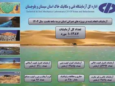 اطلاع‌نگاشت| اقدامات سه ماهه نخست آزمایشگاه فنی و مکانیک خاک
استان سیستان و بلوچستان