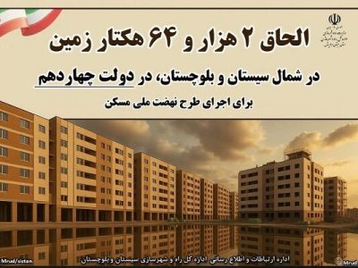 اطلاع نگاشت| الحاق ۲۰۶۴ هکتار زمین برای اجرای طرح نهضت ملی
مسکن به محدوده شهرهای شمال سیستان و بلوچستان از سال گذشته
تاکنون