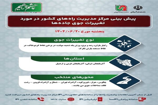 اطلاع نگاشت | پیش‌بینی تغییرات جوی در جاده‌های کشور در روز
پنج‌شنبه ۲۰ شهریورماه ۱۴۰۴