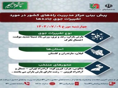 اطلاع نگاشت| پیش‌بینی تغییرات جوی در جاده‌های کشور در روز
‌چهارشنبه ۹ مهرماه ۱۴۰۴