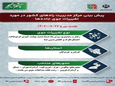 اطلاع نگاشت| پیش‌بینی تغییرات جوی در جاده‌های کشور در روز
‌یکشنبه ۲۷ مهرماه ۱۴۰۴