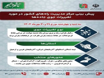 اطلاع نگاشت | پیش‌بینی تغییرات جوی در جاده‌های کشور در روز
‌سه‌شنبه و چهارشنبه ۲۹ و ۳۰ مهرماه ۱۴۰۴