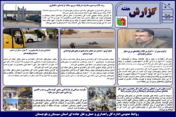 ببینید | بولتن هفتگی اداره کل راهداری و حمل و نقل جاده ای
سیستان و بلوچستان هفته سوم مهرماه ۱۴۰۴
