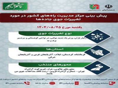 اطلاع نگاشت | پیش‌بینی تغییرات جوی در جاده‌های کشور در روز
‌یکشنبه ۲۵ آبان‌ماه ۱۴۰۴