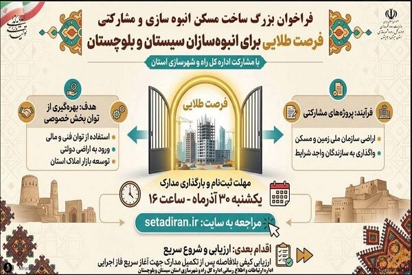 اطلاع نگاشت| فراخوان بزرگ ساخت مسکن مشارکتی؛ فرصت طلایی برای
انبوه‌سازان سیستان و بلوچستان