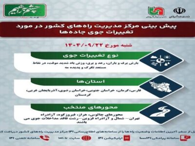 وضعیت جوی جادهها | پیشبینی تغییرات جوی در جادههای کشور در
روز شنبه ۲۲ آذرماه ۱۴۰۴