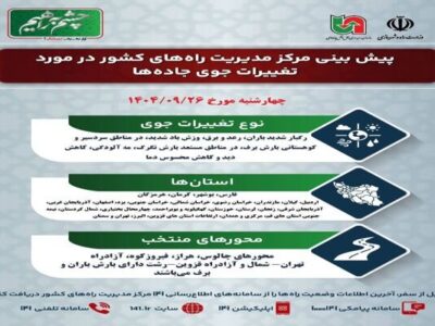 وضعیت جوی جادهها | پیشبینی تغییرات جوی در جادههای کشور در
روز چهارشنبه ۲۶ آذرماه ۱۴۰۴