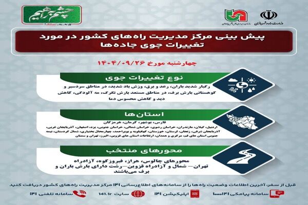 وضعیت جوی جاده‌ها | پیش‌بینی تغییرات جوی در جاده‌های کشور در
روز ‌چهارشنبه ۲۶ آذرماه ۱۴۰۴