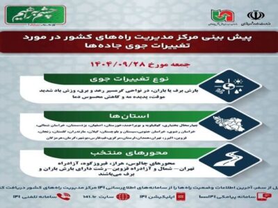 وضعیت جوی جادهها | پیشبینی تغییرات جوی در جادههای کشور در
روز جمعه ۲۸ آذرماه ۱۴۰۴