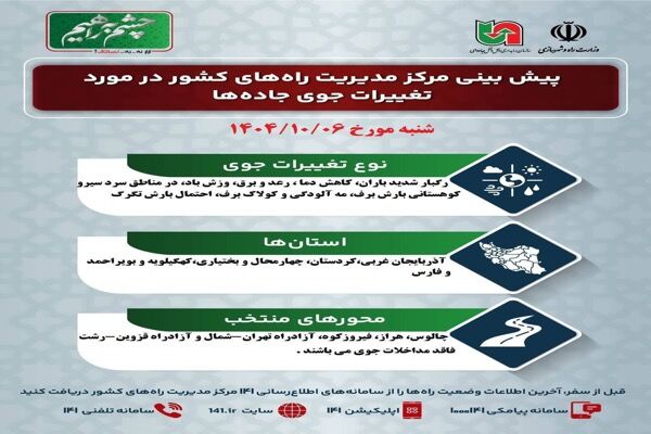 وضعیت جوی جاده‌ها | پیش‌بینی تغییرات جوی در جاده‌های کشور در
روز ‌شنبه ۶ دی‌ماه ۱۴۰۴