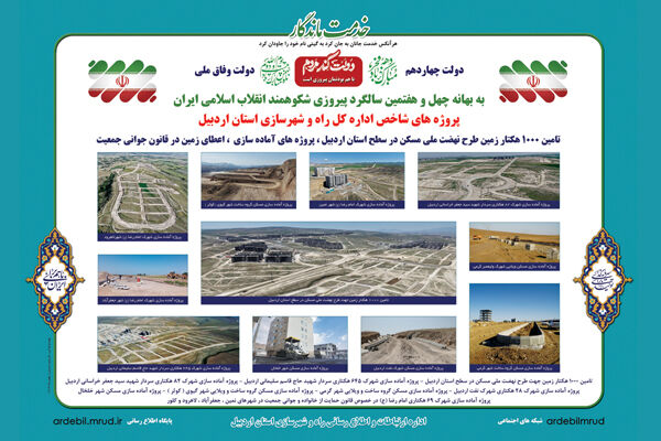 اطلاع‌نگاشت| تأمین ۱۰۰۰ هکتار زمین طرح نهضت ملی مسکن،
پروژه‌های آماده‌سازی، اعطای زمین در قانون جوانی جمعیت  در سطح
استان اردبیل