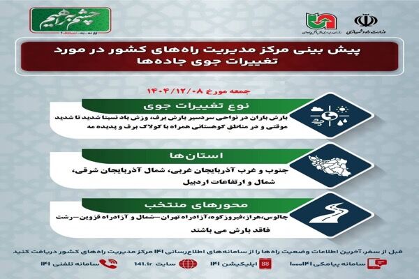 وضعیت جوی جاده‌ها | پیش‌بینی تغییرات جوی در جاده‌های کشور در
روز جمعه ۸ اسفندماه ۱۴۰۴