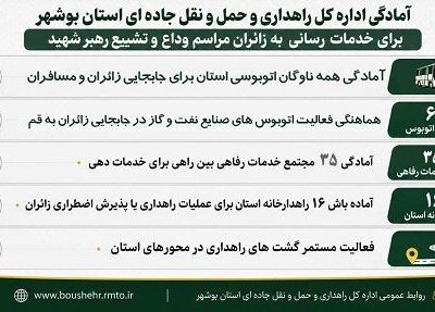 اطلاع نگاشت | آمادگی اداره کل راهداری و حمل و نقل جاده ای
استان بوشهر برای خدمات رسانی به زائران مراسم ودع و تشییع رهبر
شهید