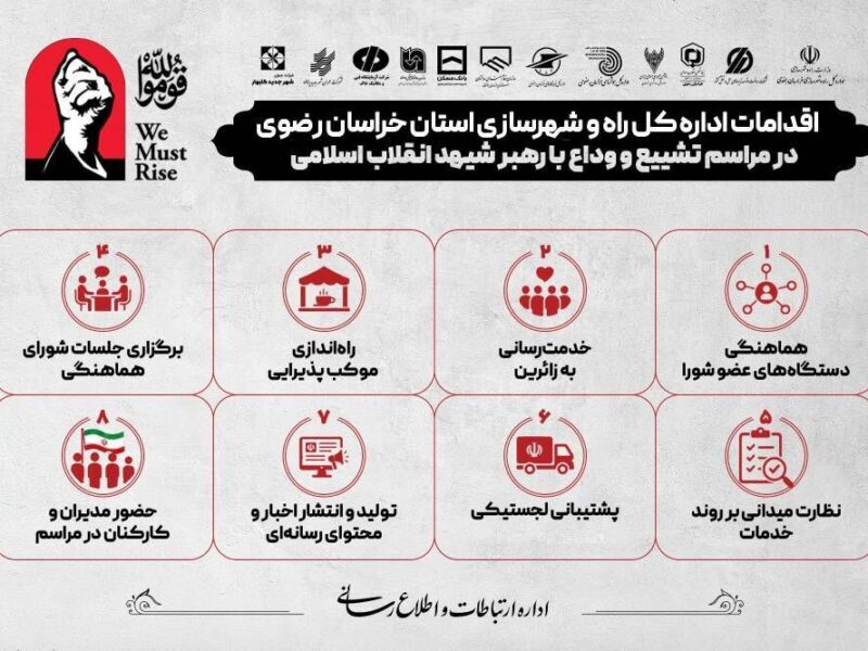 اطلاع نگاشت | اقدامات اداره کل راه و شهرسازی استان خراسان
رضوی در مراسم تشییع و وداع با رهبر شهید انقلاب اسلامی
