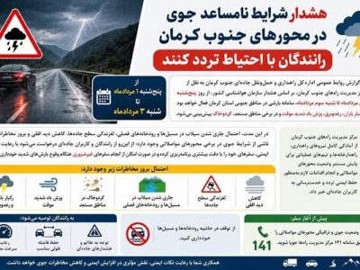 هشدار شرایط نامساعد جوی در محورهای جنوب کرمان / رانندگان با
احتیاط تردد کنند