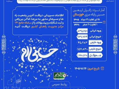 اطلاع‌نگاشت| تردد مسافر از پایانه‌های مرزی خوزستان ۲۵ تیر تا
۱۳ مرداد ۱۴۰۵ | ۱ تا ۲۰ صفر ۱۴۴۸